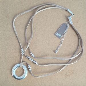 J. Jill Silver Circle Pendant Multi Layer Necklace with Suede Tan Cord